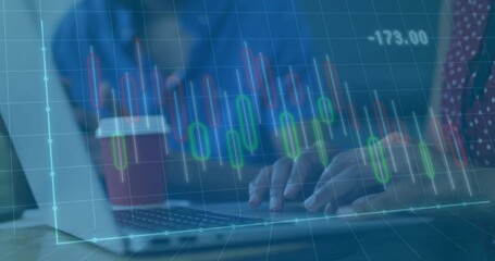 Canvas Print - Animation of financial data processing over diverse colleagues discussing work in office