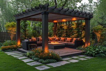 Stylish Wooden gazebo in a beautiful green garden