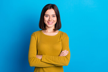 Wall Mural - photo of cool confident lady dressed shirt smiling arms crossed empty space isolated blue color back