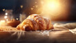 Close up of flaky golden croissants freshly baked in bakery, food background