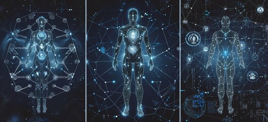 futuristic medical interface: detailed visualization of human anatomy and systems, complemented by d