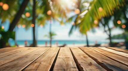 Poster - Empty wooden table and palm leaves with blur beach on background in summer time, can be used for product placement, generative ai
