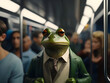 Anthropomorphic frog in modern clothes standing inside the train of a crowded subway. Blurred background. 