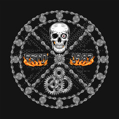 Wall Mural - Circular industrial label with human skull, gears, bike chain, fire, text. Dark scary gothic illustration in steampunk style. For apparel, fabric, textile, sport goods.