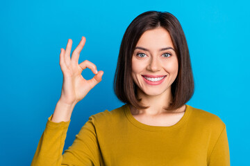 Wall Mural - photo of positive confident woman wear shirt smiling showing okey gesture isolated blue color backgr