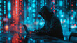 A hacker in a dark hoodie works at a computer against a backdrop of glowing symbols