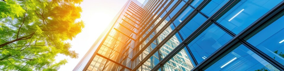 Glass wall of the office building exterior on bright summer day outside and a green tree background photo