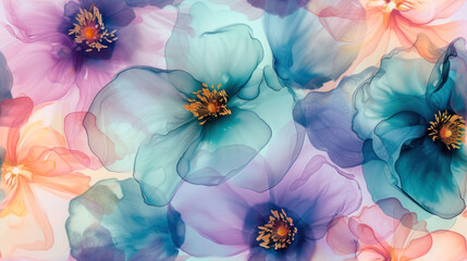 Wall Mural - pastel floral elegance in alcohol ink with vibrant blue and pink tones, for spring vibe 