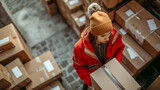 Fototapeta Tulipany - A woman wearing a red jacket and orange hat carries a box in a warehouse.