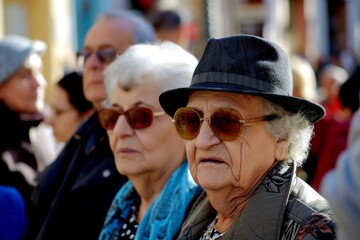 Wall Mural - Portrait of an elderly woman in a hat and sunglasses on the street