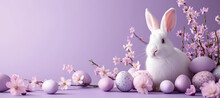 White Rabbit With Easter Eggs And Flowering Branch On The Purple Background