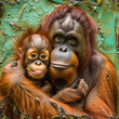 A close-up of an orangutan mother and her child, set against a contrasting textured green background, capturing their emotional bond and the essence of their being.