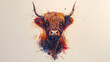 watercolour illustration of The Highland cow, long horns and a long shaggy coat. Scottish breed of rustic cattle
