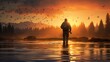 Leinwandbild Motiv Fisherman near the river at sunset. Neural network AI generated art