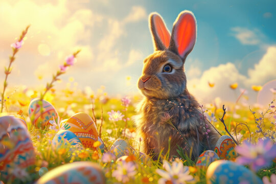 Fluffy Easter bunny among painted eggs on sunny field