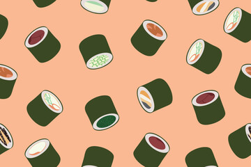 Wall Mural - Cute Japanese sushi rolls seamless pattern. Vector illustration. Vector illustration