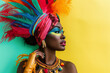 Closeup portrait of beautiful African black woman in bright carnival costume with vibrant colors feathers and perfect smile. 