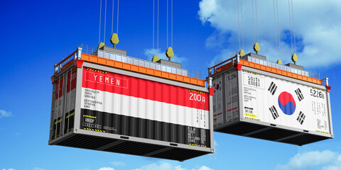 Shipping containers with flags of Yemen and South Korea - 3D illustration