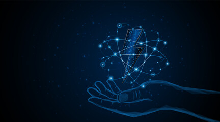 Fototapete - Hand holding lightning or energy symbol. Concepts about electric power or renewable energy in the future. Vector illustration
