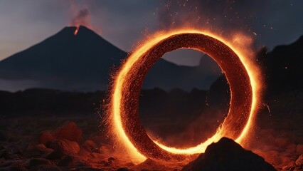 Wall Mural - sunset in the mountains a ring of fire erupting from a volcano, sending sparks and ash into the air