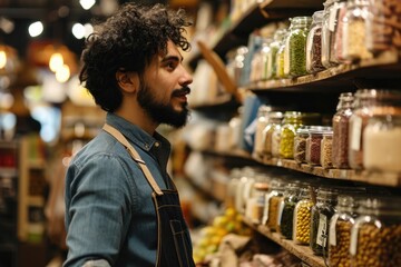 Young ethnic male seller with curly hair in apron selling bulk food in supermarket.