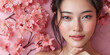 High-quality crop photo of skincare and cosmetics concept with copy space for text. Woman with beautiful face touching healthy facial skin portrait. Beautiful happy Asian girl model.