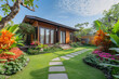 © Kien - modern minimalist mini house with grass lawn, flowers garden and many tropical plants