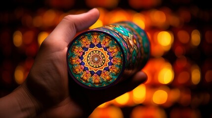 Wall Mural - Close-up of a person's hand turning a kaleidoscope, symbolizing the evaluation and shifting perspectives in life