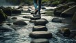Conceptual image of a person stepping on stones in a river, representing the evaluation and progress in life's journey