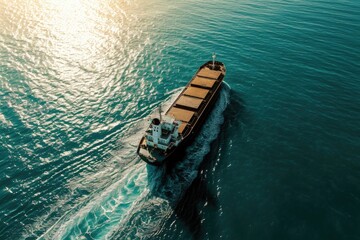 Aerial view of a bulk carrier cargo vessel traveling with high speed over blue sea