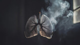 Fototapeta  - Impact of smoking, air pollution on lungs disease.Lungs flies in a smoked room,dark gray blurred background, copy space.