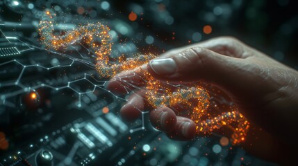 Poster - An abstract luminous DNA molecule with the hand of a doctor in front of an analysis chromosome DNA genetic of a person on a virtual interface. Medicine, Medical science, and biotechnology.