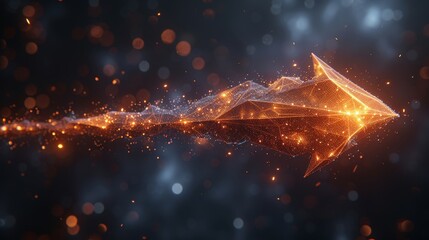 Poster - Growing arrow. A low-poly wireframe mesh with a crumbled edge depicts a constellation on a night sky. Growth, success, and direction symbols. Concept illustration.