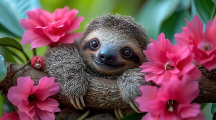 a baby sloth sitting on a tree branch with pink flowers in the foreground and a blurry background of green leaves and pink flowers in the foreground.