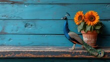 A Peacock Sitting On A Bench Next To A Potted Plant With Sunflowers And A Vase Of Sunflowers.