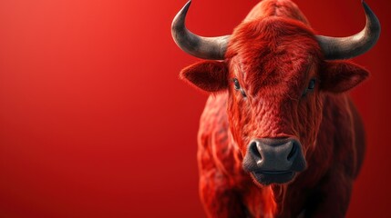 Sticker - a red bull with large horns standing in front of a red background with a black spot in the middle of the bull's ear.