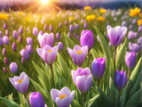 Fototapeta Tulipany - Spring Equinox Day: Colorful images of spring flowers and buds blooming after a long winter, against the backdrop of a sunny sky. generative AI