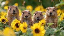 A Group Of Three Prairie Groundhogs Standing In A Field Of Sunflowers With One Looking At The Camera.