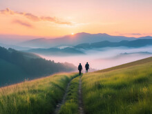 Trekking, Leading Lines Of The Trail Pointing Towards Distant Rolling Fog-covered Hills At Dawn.