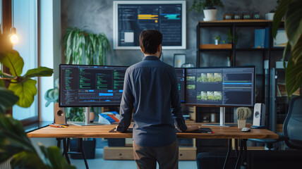 An energetic programmer at a standing desk, vigorously typing, surrounded by dual monitors showcasing web design projects and AI algorithms.