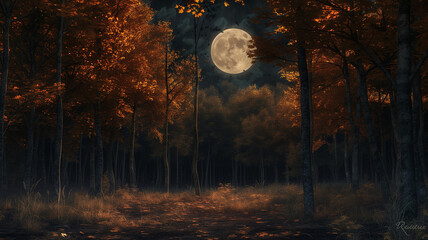Wall Mural - A nighttime scene of an autumn forest under the full moon, a subtle glow on the amber foliage, a peaceful stillness in the air.