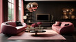 Pink velvet sofa in a luxurious living room interior with molding on pink walls and retro design