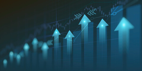 Wall Mural - Financial graph with uptrend line and arrows in stock market on blue color background