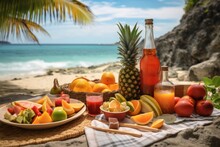 A Beach Picnic Scene With A Bottle Of Rum, Fresh Fruit, And Mixers, Setting The Stage For A Delightful Homemade Rum Punch