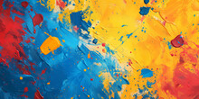 Dynamic Abstract Painting, Bold Brushstrokes, A Riot Of Red, Orange, Blue, And Yellow Colors Splashed Across The Canvas.