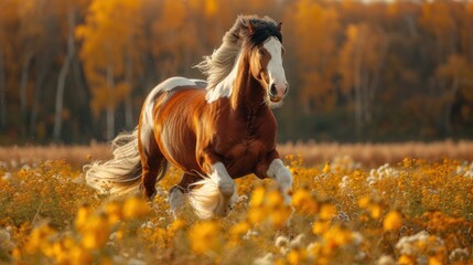 Wall Mural - a brown and white horse running through a field of yellow and white flowers with trees in the backgroud.