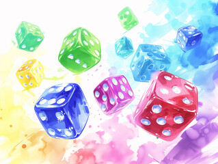 Dice, casino, colorful, watercolor manhwa, soft pastel color scheme, casino background