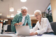 © BullRun - Smiling senior Caucasian man and woman, in their 60s, collaborate on laptop in office.  Successful ma with white beard, wears a teal shirt, and the woman in a white blouse looks on with delight