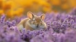 a small rabbit is sleeping in a field of purple wildflowers, with its eyes closed and it's eyes closed.