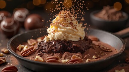 Poster - a chocolate dessert with whipped cream and pecans sprinkled with chocolate and pecans sprinkled with cinnamon sprinkles.